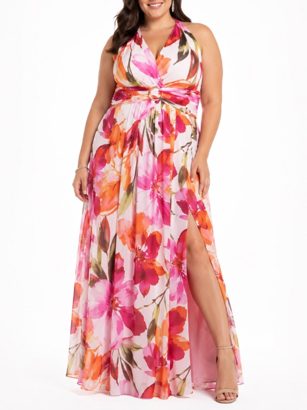 Adrianna Papell - Floral Print Chiffon Ring Gown